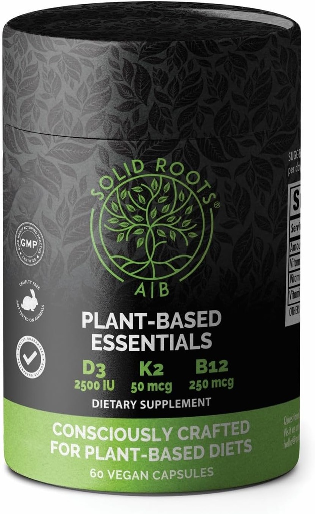 ROOTS SOLID Vitamina vega D3 + K2 +B12 para huesos, corazón, piel, dientes vegetales de base multivitamina esenciales