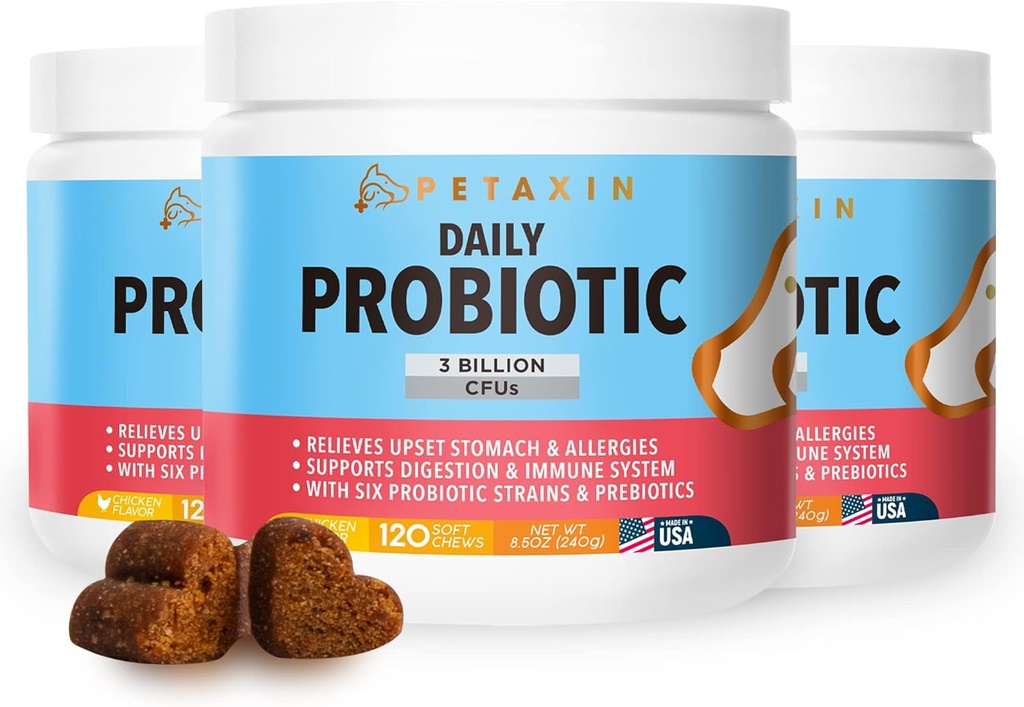 Probióticos para perros - 6 Strains con Prebióticos - Soportes Sistema Digestivo e Inmunitario - Alivio para la Diarrea, Respiración Mal, Alergías, Gas, Estreñimiento, Puntos Calientes - Hecho en EE.UU. - 360 Chews
