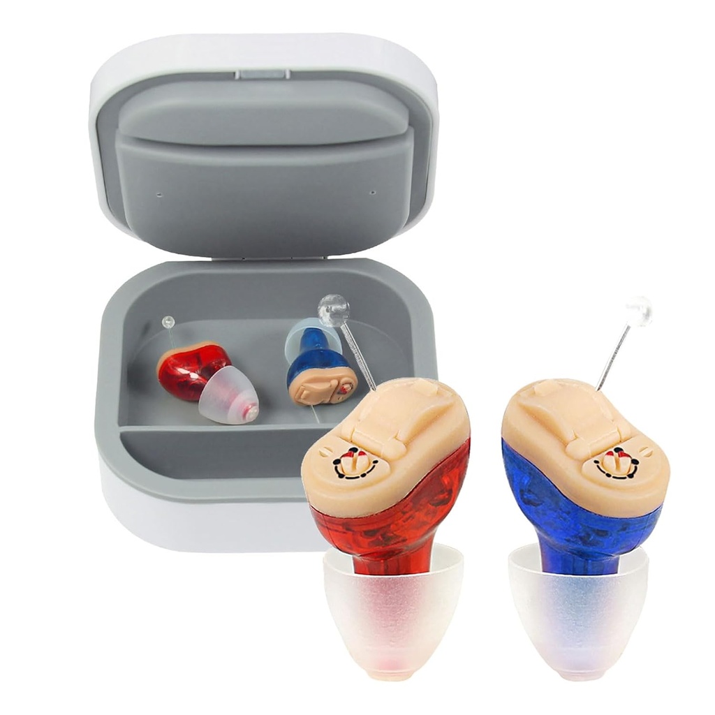Amplificadores de Audiencia CIC para mayores,Amplificadores de Audición Cercano-Invisible Pareja, ITC Ayuda de Audición Tecnología Nano para adultos Pérdida de Oído Moderado Leve, Pequeño Tiny (Pair Azul Rojo) ZHONDGE (ZDC-901A)