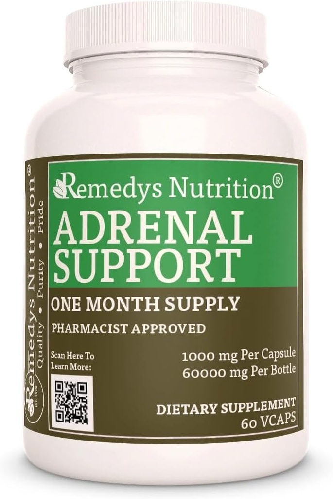Remedy’s Nutrition Adrenal Support  1,000 mg, 60 Vegan Capsules Herbal Dietary Supplement  Two Month Supply