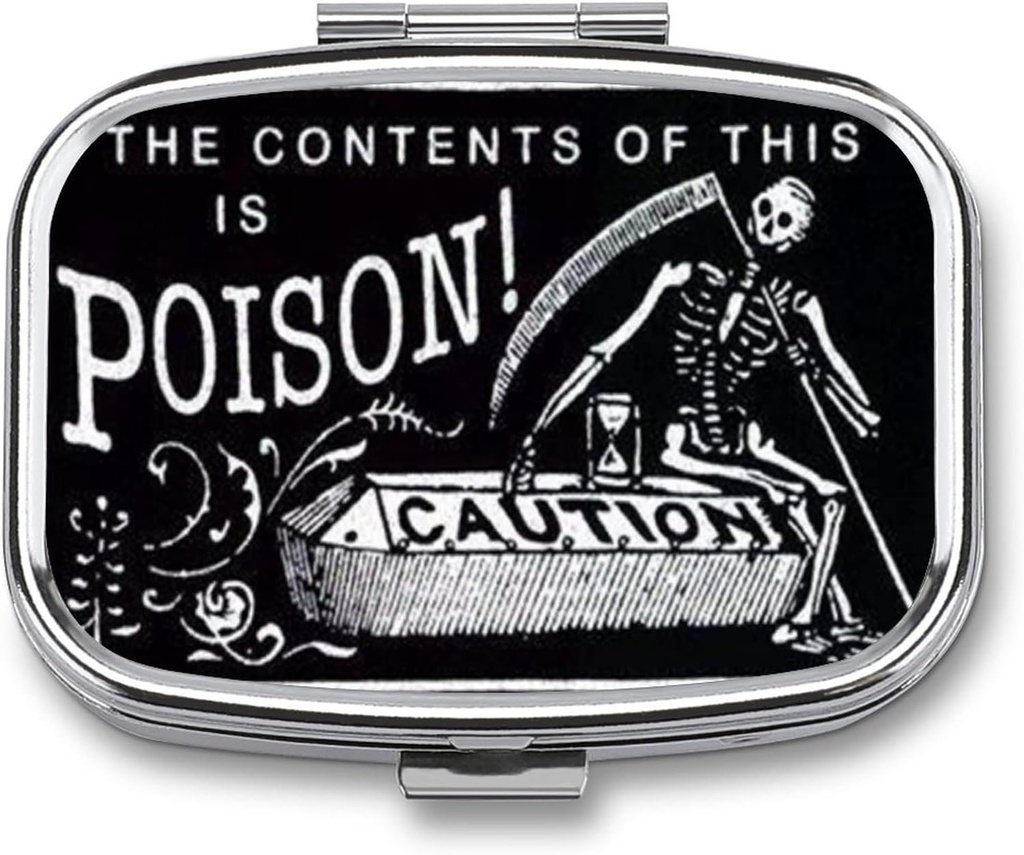 Metal 2 Compartment Pill Organizer Travel Friendly Portable Compact Box Cute Case to Hold Vitamins/Tylenol/Fish Oil/Supplements/Meds/Tablet (Poison Caution), 1.97 x 0.79 x 0.39 Inch