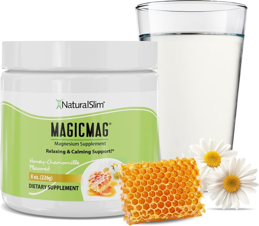 NaturalSlim Magicmag Puro Magnesio Citrate Estrés de Polvo, Estreñimiento, Muscle, Heart Health, y Sleep Support ← Honey Chamomile Magnesium Suplemento - 8oz Bebida Mix (Solo)