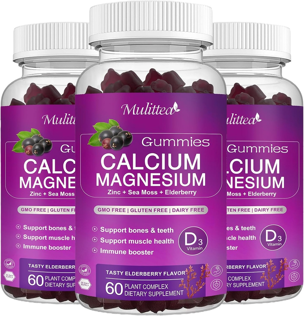 Calcium Magnesium Zinc Gummies with High Absorption Magnesium Glycinate 200mg, Potassium -Plant Calcium Supplement w/ D3 & Sea Moss for Bone, Muscles, Calm Mood & Sleep Support- Kids & adults (3 Pack)