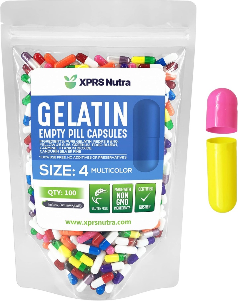 XPRS Nutra Size 4 Empty Capsules - 100 Cuentas Pequeños Empty Gelatin Capsules - Pills DIY Capsule Filling - Fillable Pure Bovine Pill Gel Caps for Do-It-Yourself Suplementos (Multi Color)