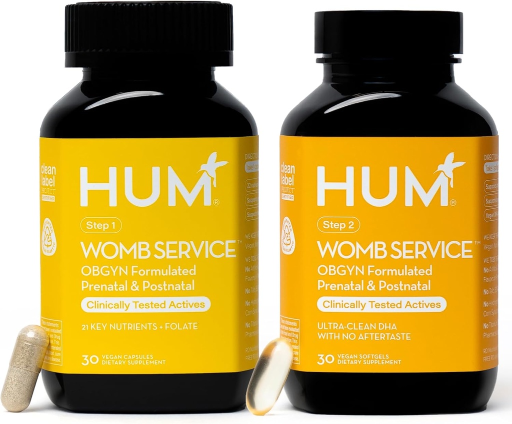 HUM Womb Service Postnatal " Prenatal Supplements for Women, OBGYN Formulated with Vegan DHA, Choline " Folate, Clean Daily Nutrients, Pre-to-Post Pregnancy Support, 30 Vegan Capsules " 30 Softgels