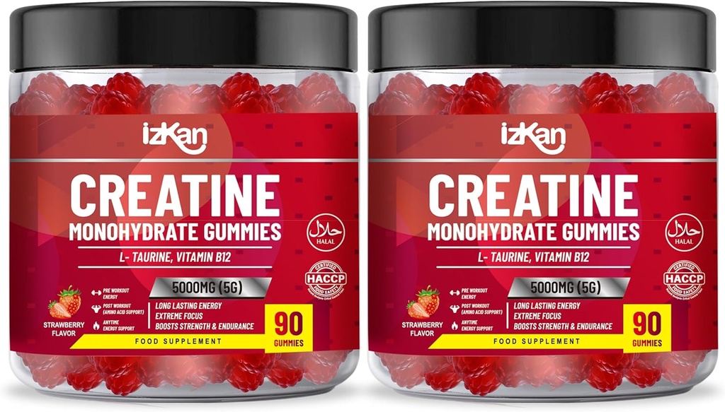 Creatine Monohydrate Gummy 5000mg for Men &amp; Women - 180 Chewable Creatine ADVANCE COMPLEX Taurine &amp; B12 Gummies Strawberry Flavoured ← Pre Workout Gym Suplemento permanente Halal tención Vegan Silencio (2 Months Supply)