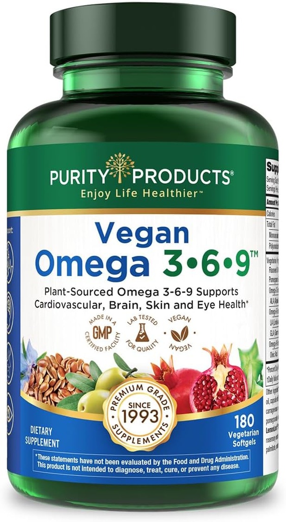 Purity Products Vegan Omega 3-6-9 Fórmula - “5 en 1” Complejo de ácidos grasos esenciales - Formulado científicamente Omega de base vegetal 3 6 9 ácidos grasos esenciales (EFA) - 3 Month Supply - 180 Softgels