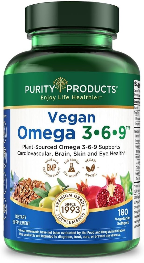 Purity Products Vegan Omega 3-6-9 Fórmula - “5 en 1” Complejo de ácidos grasos esenciales - Formulado científicamente Omega de base vegetal 3 6 9 ácidos grasos esenciales (EFA) - 3 Month Supply - 180 Softgels