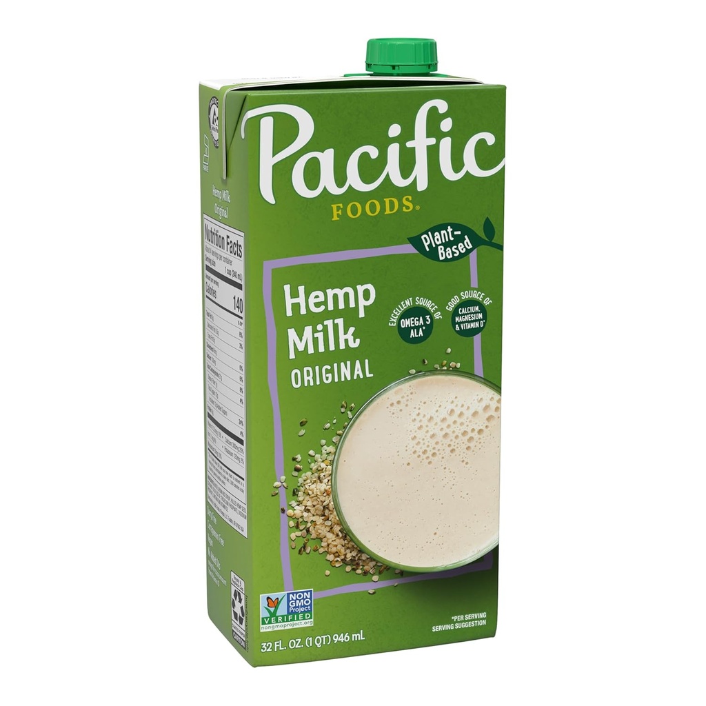 Comida del Pacífico Leche de cáñamo original, leche con base vegetal, 32 oz Carton