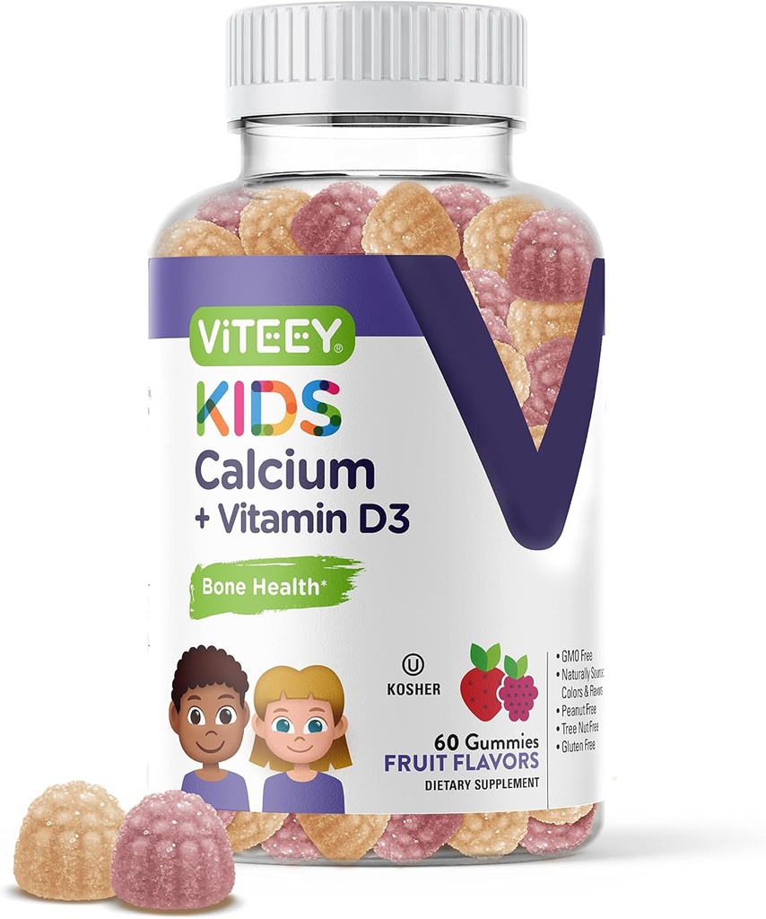 Kids Calcium Gummies with Vitamin D3 - Supports Bone Health & Tooth Health - Naturally Sourced Calcium 500mg Plus Vitamin D3 1000iu - Gluten Free, GMO Free - Tasty Chewable Fruit Flavored Gummy