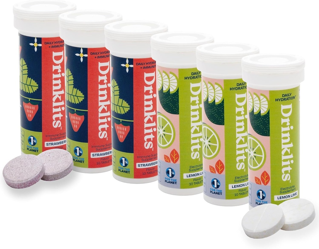 Drinklits Lemon Lime Electrolyte Hydration & Strawberry Immunity Tablets (6) Tube Combo Pack | Great Taste – Gluten Free – Daily Use | 60 Servings (10 Tablets Per Tube)