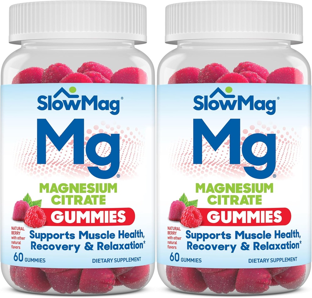 SlowMag Magnesium Citrate Gummies, 60 Conde, soporta Muscle Health, Natural Berry Flavor, Recuperación & Relax Pack de 2