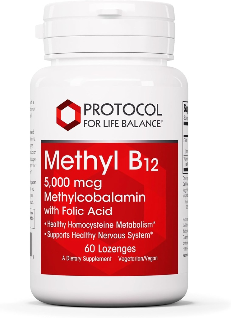 Protocolo Metil B12 5,000mcg - Vitamina B12 para el metabolismo de Homocysteine* - Apoya el sistema nervioso saludable y saludable* - Kosher, Halal & Vegan - 60 Lozenges