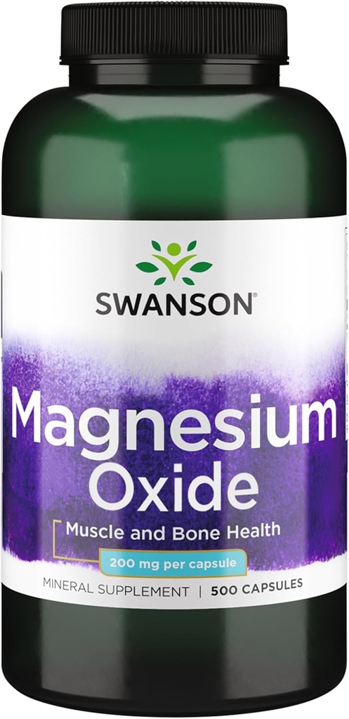 Swanson Magnesium Bone &amp; Muscle Health Support 200 Milligrams (2 Caps per 400 mg Serving Magnesium Oxide) 500 cápsulas