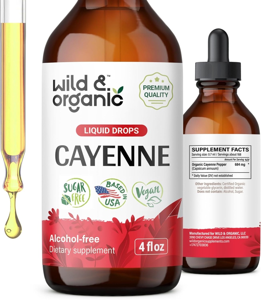 Wild &amp; Organic Cayenne Pepper Tincture - Asistencia Digestiva con extracto de Capsaicina - Cayenne Pepper Liquid Drops for General Well-Being - Vegan, Azúcar &amp; Alcohol-Free - 4 fl oz