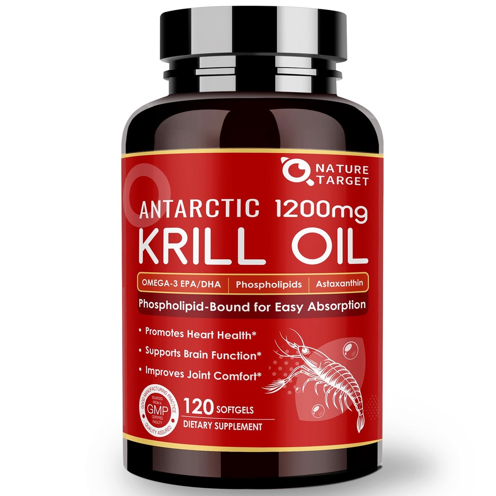 NATURE TARGET Krill Oil 1200mg with Omega-3 EPA & DHA with Astaxanthin, Phospholipids & Choline - Supports Heart, Brain, Join Health, Non-GMO, Gluten Free, 120 Softgels (60 Servings)