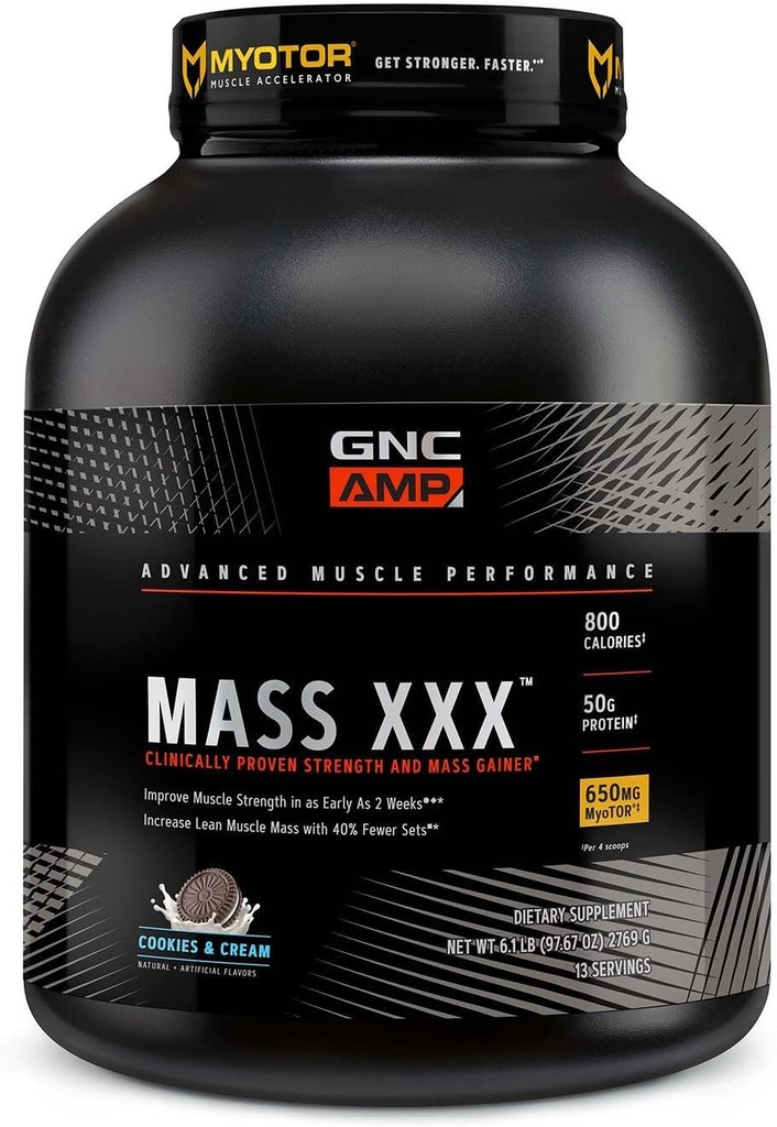 GNC AMP Masa XXX, Pólvora Proteína Proteína Proteína Proteína Proteína, Mejora la fuerza, Tamaño, 780 Calories, 50g Proteína, Aminoácidos Micronizados, Creatina, Betaine, Cookies &amp; Crema, 13 Servimientos, 6 SVG