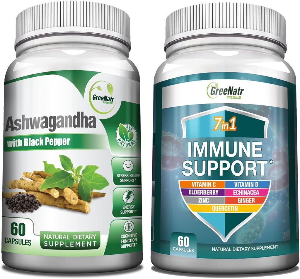 GreeNatr 7-in-1 Suplemento de Apoyo Inmunitario con Vitamina C, Vitamina D3, Zinc 50mg, Quercetina, Combinado con cápsulas de Ashwagandha Orgánica con Pepper Negro para la absorción mejorada