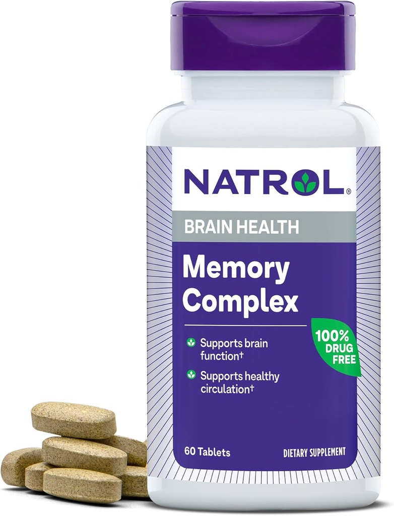Complejo de memoria Natrol con Ginkgo Biloba 120mg y vitaminas B, Suplemento dietético para la salud cerebral y soporte de memoria, 60 Tabletas, 30 Day Supply