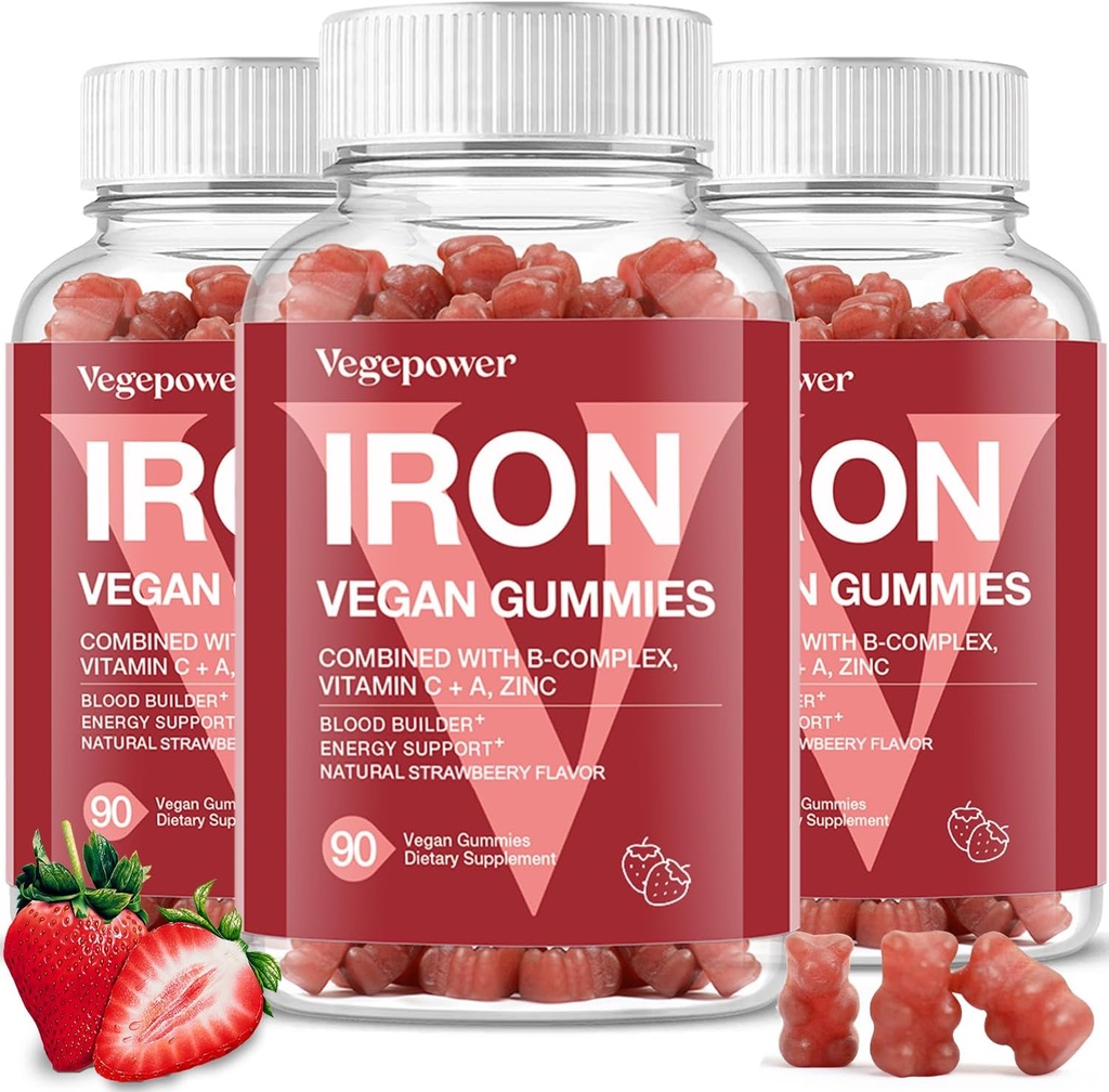 Las Gummies de Hierro Suplementos para Mujeres Niños - Multivitamínico con Hierro para Sangre Saludable, Gran Tasting Vitaminas Gummy con Vitamina C para Max Absorción - Fresa (3 Packs)