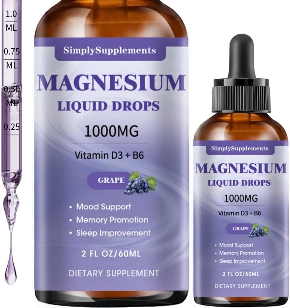 Triple Magnesio Complejo gotas líquidas, 1000 mg Magnesio gotas glucinadas, Taurate & Citrato con L-theanina, Vitamina D3 &amp; B6 para el sueño y el apoyo muscular, Magnesio calma, Flavor de uva, 2 Fl OZ