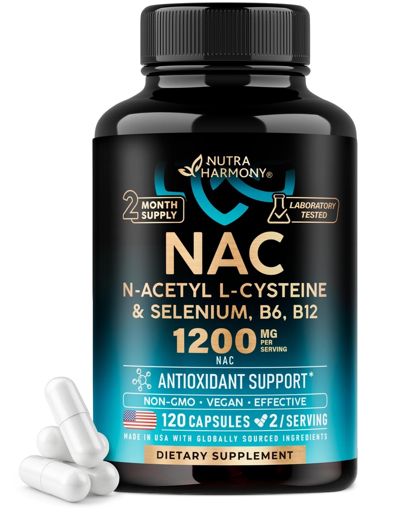 Suplemento NAC Ø Selenium Silencio B6 Silencio B12 - Antioxidante, Immune Support - N Acetyl Cysteine 600 mg por cápsula, 1200 mg por servidumbre - Made in USA - Non-GMO, Gluten-Free, Vegan - 120 caps, 2 Month Supply