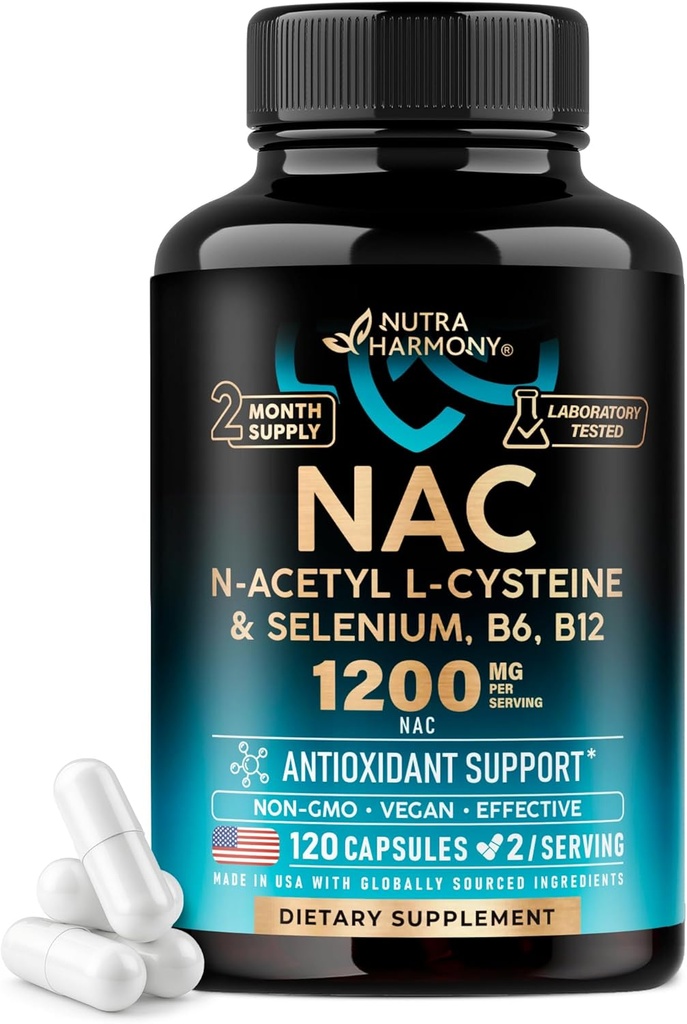 Suplemento NAC Ø Selenium Silencio B6 Silencio B12 - Antioxidante, Immune Support - N Acetyl Cysteine 600 mg por cápsula, 1200 mg por servidumbre - Made in USA - Non-GMO, Gluten-Free, Vegan - 120 caps, 2 Month Supply