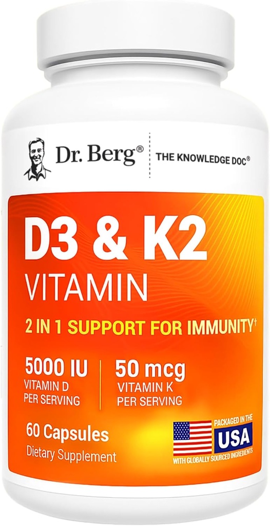 Dr. Berg Maximum Strength 2-in-1 Vitamin D3 K2 5000 UI tóxico naturalmente derivado D3 Silencio 4X Lab-Tested " Verified peru High Absorption Formula  K2 D3 Vitamin Supplement - 60 cápsulas