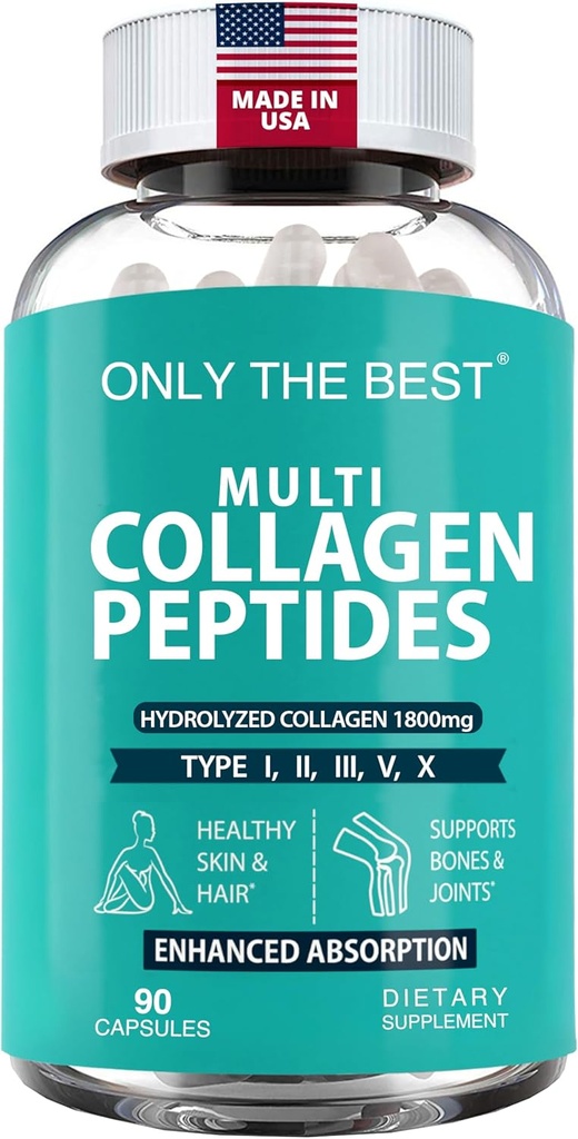 Péptidos Multi Collagen Premium Capsules 1800mg - Tipos I, II, III, V, X Para soportar la piel, el cabello, uñas - Ayuda Huesos, Juntas, Musculos, & Salud Digestiva* Suplemento Hidrolyzed Collagen 90 cápsulas