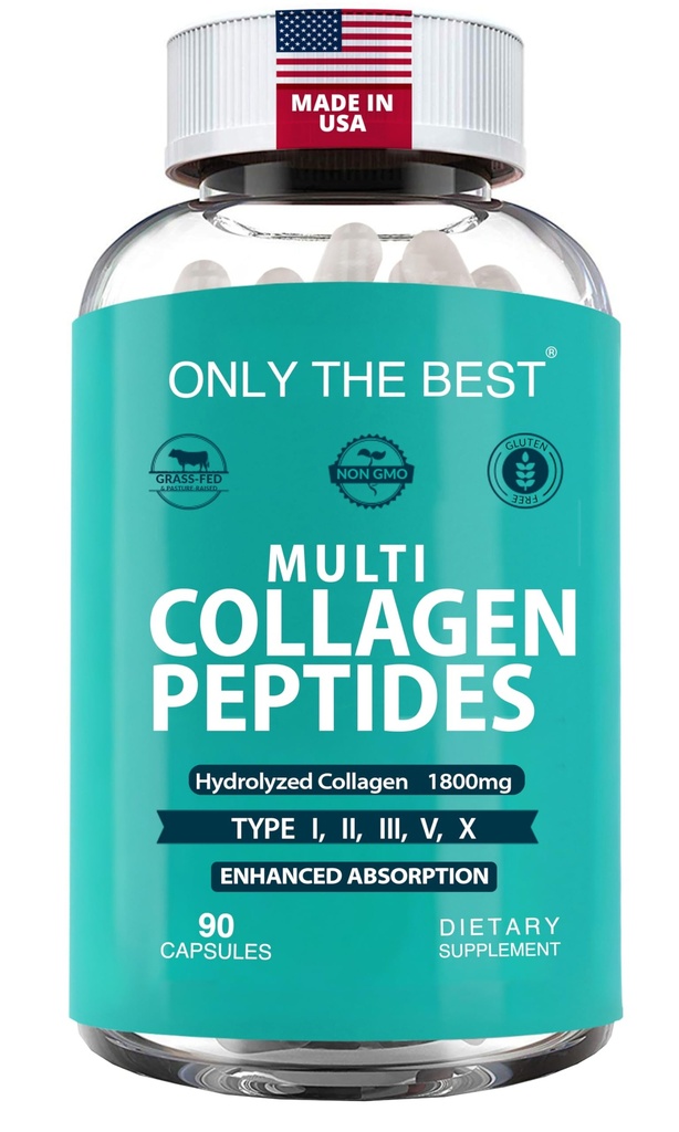 Péptidos Multi Collagen Premium Capsules 1800mg - Tipos I, II, III, V, X Para soportar la piel, el cabello, uñas - Ayuda Huesos, Juntas, Musculos, & Salud Digestiva* Suplemento Hidrolyzed Collagen 90 cápsulas