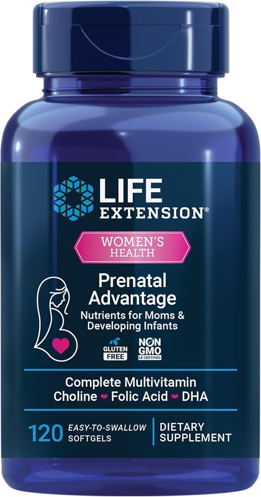 Extensión de la vida Ventajas prenatales, Multivitamina femenina, Apoyo al bebé, Ácido fólico, Choline, omega-3s, Vitamina C, D3, B1, B6, B12, zinc, niacina, Gluten Free, No GMO, 120 softgels