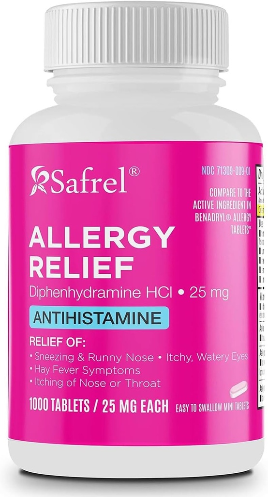 Safrel Alivio de la Alergia Medicamento Diphenhydramine HCl Caplets 25 mg (1000 Conteo), Antihistamínico Alimenta el estornudo, Runny Nose, Hay Fever, Itchy Eyes and Throat, Seasonal Indoor &amp; Outdoor Allergy Pills