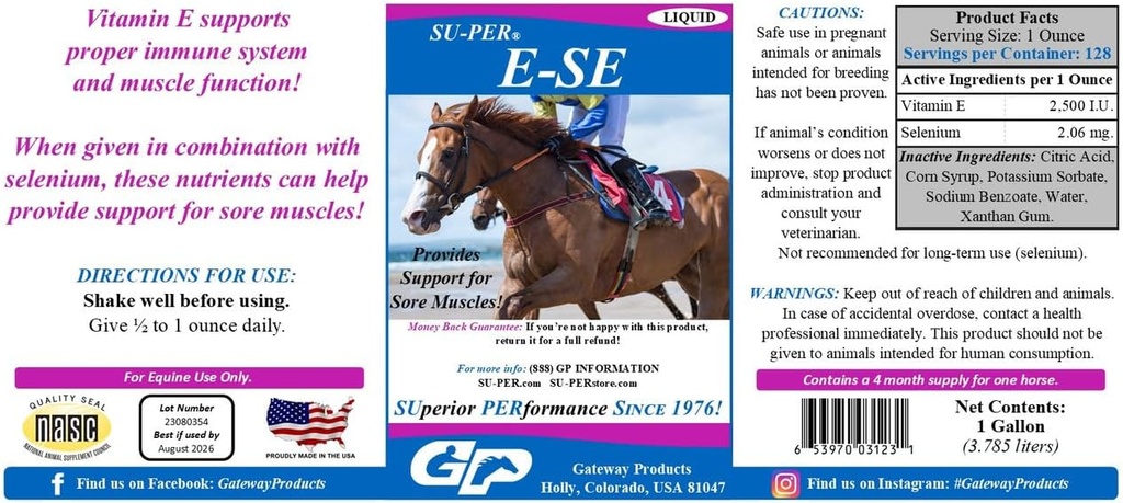 SU-PER E-Se Horses Antioxidant Supplement - Vitamin E &amp; Selenium for Sore Muscles Support - 1 Gallon, 4 Month Supply (120 Days)