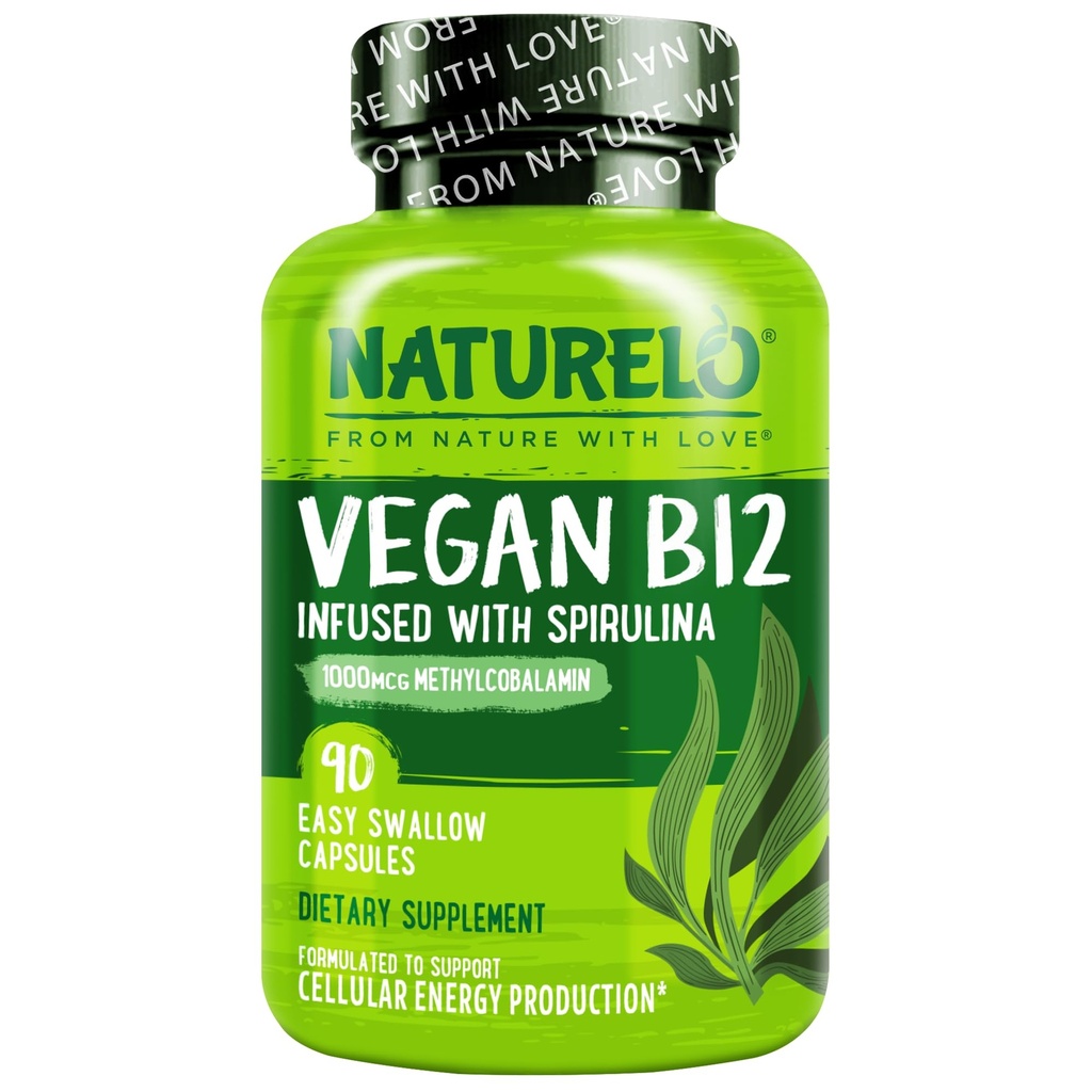 NATURELO Vegan B12 - Metil B12 con Espirulina Orgánica - Alta Potencia Vitamina B12 1000 mcg Metilcobalamina - Apoyo Mood sano, Energía, Corazón &amp; Ojo Salud - 90 cápsulas