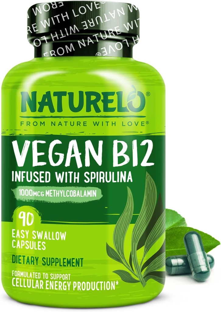NATURELO Vegan B12 - Metil B12 con Espirulina Orgánica - Alta Potencia Vitamina B12 1000 mcg Metilcobalamina - Apoyo Mood sano, Energía, Corazón &amp; Ojo Salud - 90 cápsulas