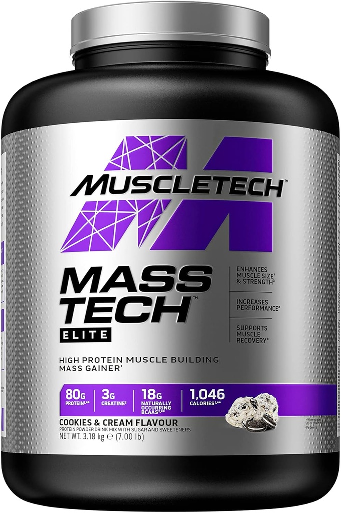 Mass Gainer Protein Powder MuscleTech Mass-Tech Gainer Whey Protein Powder + Muscle Builder Protein Powder Creatine Suplementos Cookies y Crema, 7 libras (Package May Vary)