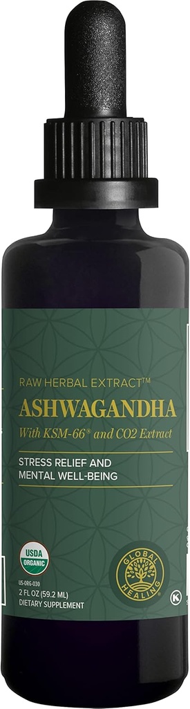 Global Healing Center - Organic Ashwagandha Supplements Drops - KSM-66 Ashwagandha Extra Strength for Men ' Women, Helps Promote Relief from Stress, Mood Support, Organic (2 Fl Oz)