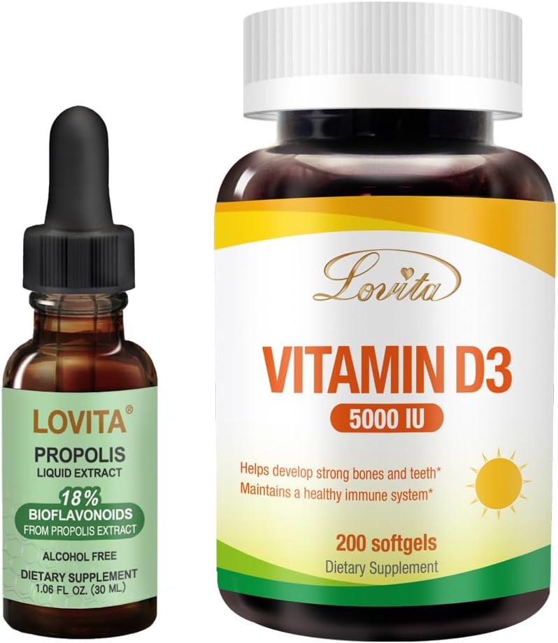 Lovita Bee Propolis Liquid Extract &amp; Vitamina D3 Softgel Nutrient Suplemento Bundle