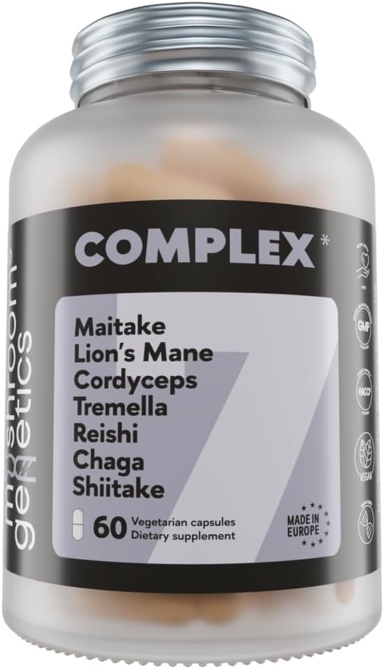 Complejo 7 - Reishi orgánico, Lions Mane, Cordyceps, Shiitake, Chaga, Maitake " Tremella for Immune Support, Focus " Energy ¦ Adaptogenic Nootropic Mushroom Supplement ← 60 Capsules