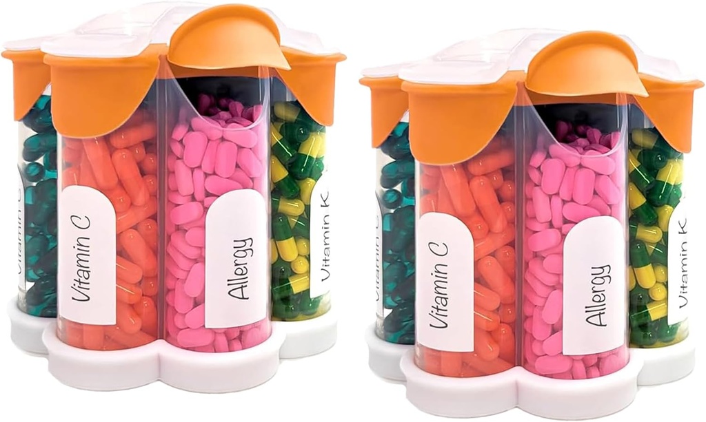 Organizador de píldoras extra grande diario, semanal, suplemento mensual botella, dispensador de píldoras lindo Blossom con 7 compartimentos XL (2 Pack Combo) (Orange 2 Pack)