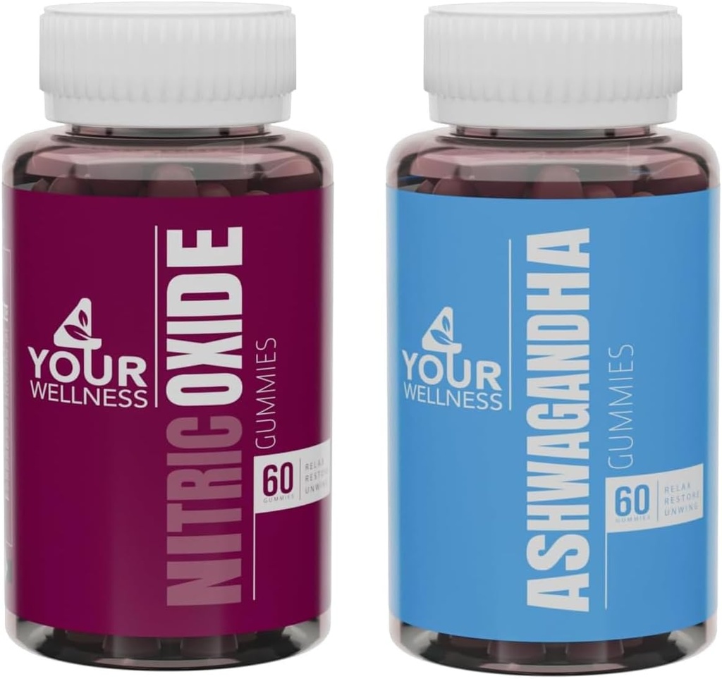4YWN Nitric Oxide and Ashwagandha Gummies Supplement Bundle, Boosting Energy and Restoration, Non-GMO, Gluten-Free, Gelatin Free " Kosher ← for Daily Focus Boost
