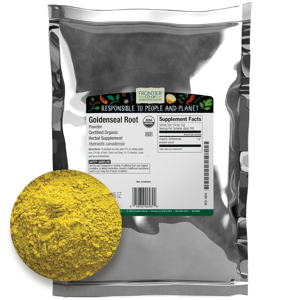 Frontier Co-op Organic Goldenseal Root Powder, 1/4 lb - Earthy, Bitter Herbal Root con color amarillo brillante para las recetas de té y tinte - 4 oz