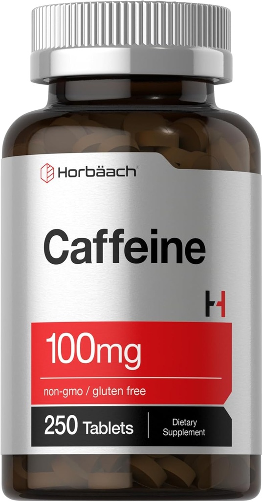Horbäach Caffeine Pills 100mg  250 Tablets ← Fórmula Vegetariana ← Non-GMO, Gluten Free Supplement