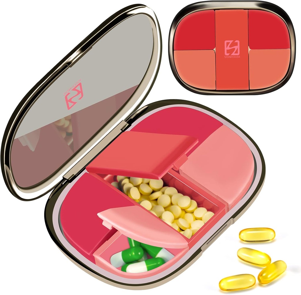 Funda de píldoras diarias Organizador de bolsillo Farmacia, Chrxbei Pill Container Caso Travel debe tener con 5 Compartimientos, caja de recambio portátil para vitamina, medicamentos, suplemento y aceite de pescado - rojo