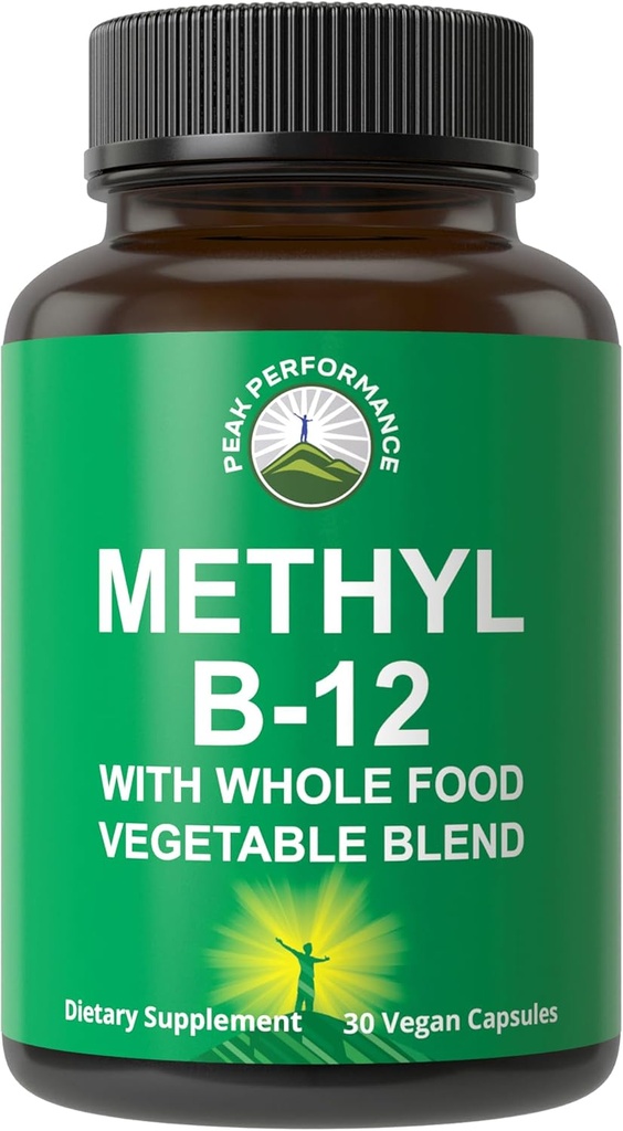 Metil B12 Vitamina + Alimento integral de 25 Verduras y Frutas para Max Absorción. Vitamina Vegana B12 Metilcobalamina - Metil B-12 Suplemento de Energía, Enfoque y Alivio. 30 días de suministro