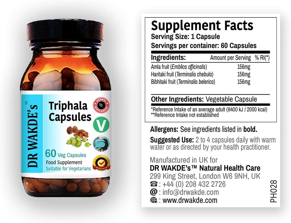 RD WAKDE'S Triphala Capsules (60 Veg Caps, Suplemento de base vegetal, hierba ayurvédica, todo natural, vegano)