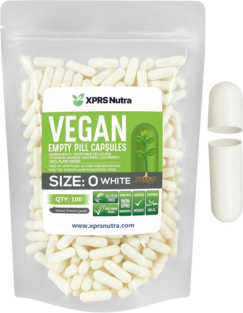 XPRS Nutra Tamaño 0 Empty Capsules - 100 Conteo Empty Vegan Capsules - Vegetarian Pills - DIY Vegetable Capsule Filling - Veggie Pill Caps for Do-It-youself Suplementos (White)