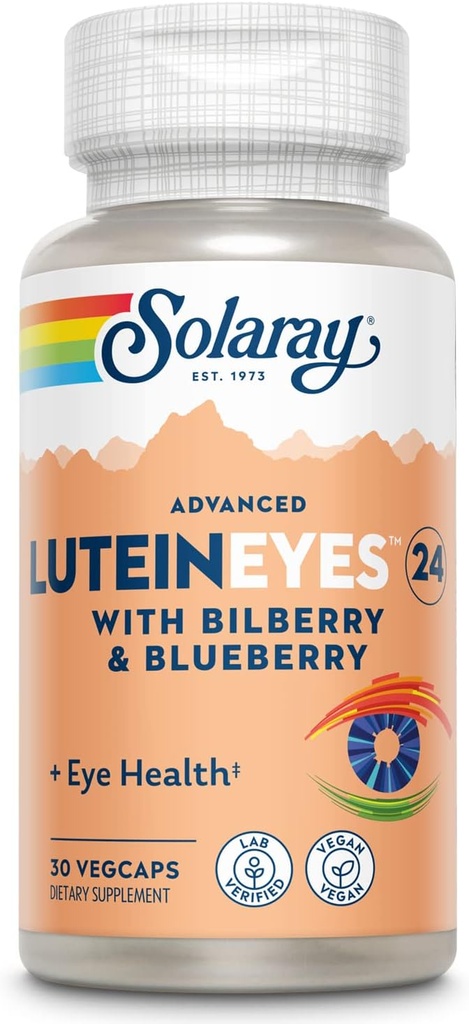 SOLARAY Ojos de Lutein avanzados 24 mg con Extracto de Bilberry y Extracto de Blueberry, Eye &amp; Macular Health Support Suplemento Proveyendo Zeaxanthin de Marigold, Vegan, 30 Servimientos, 30 VegCaps