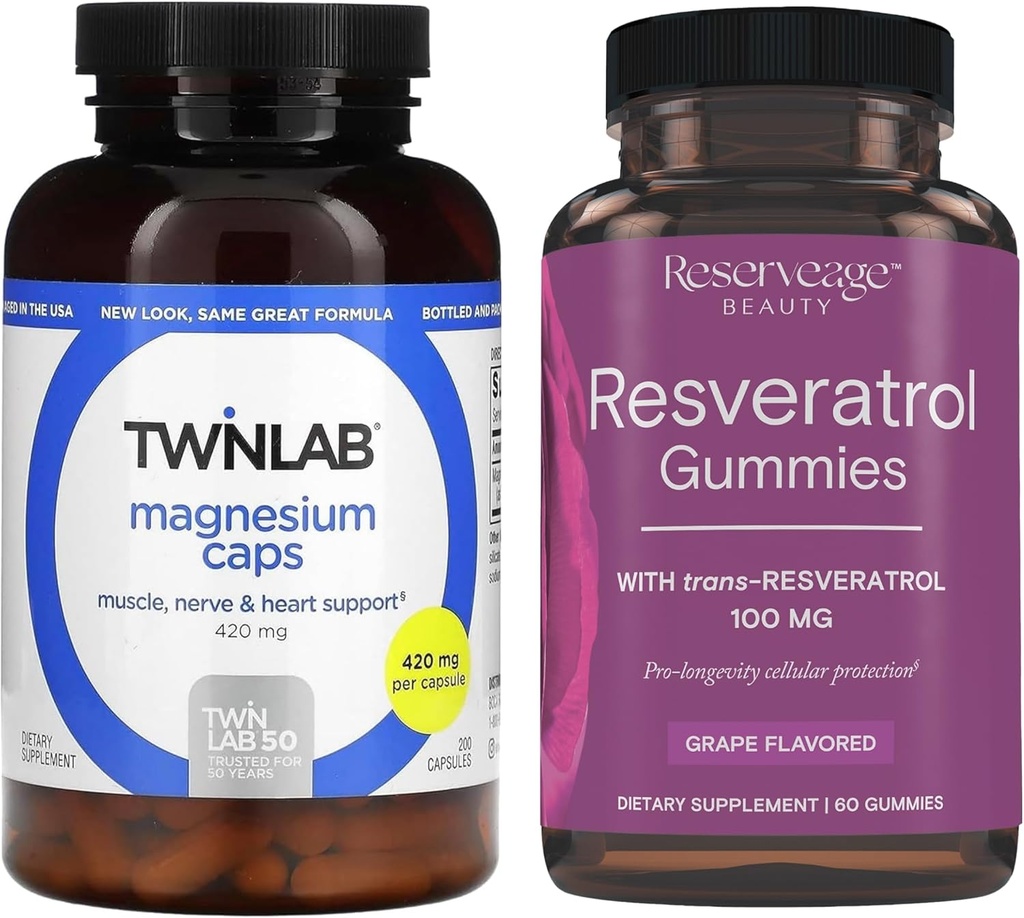 Twinlab Magnesium Caps - para Stress Relief, 420 mg, 200 Conde, 1 Pack &amp; Reserveage Beauty- Resveratrol Gummies 100 mg, Vegan - 1 Pack