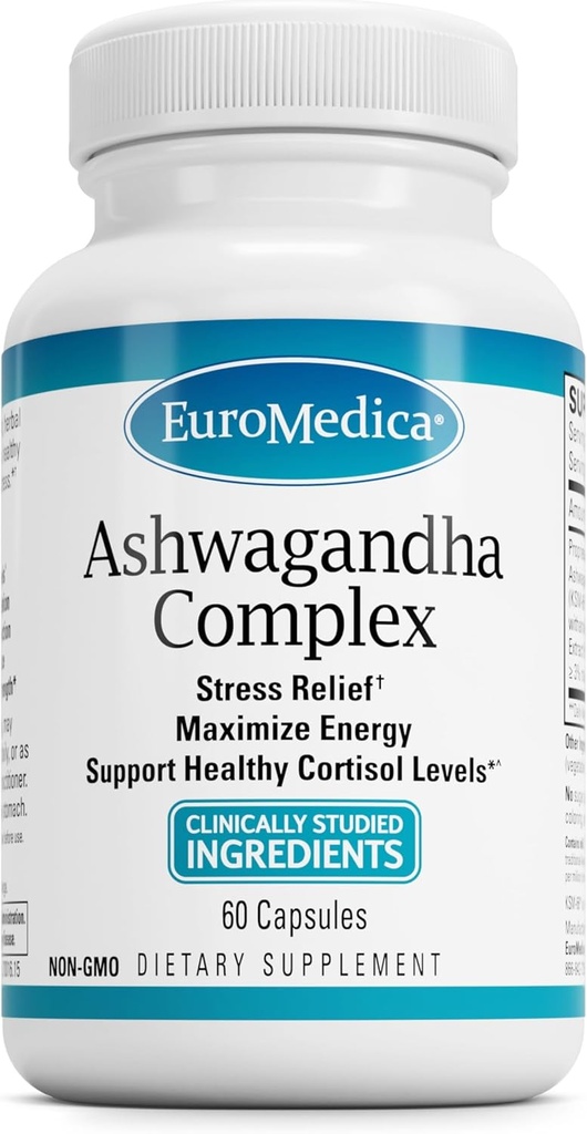 EuroMedica Ashwagandha Complex - Supplement to Support Adrenal Health - Ashwagandha Supplement with Rhodiola Rosea Extract - Herbal Supplement to Support Energy & Concentration - 60 Capsules